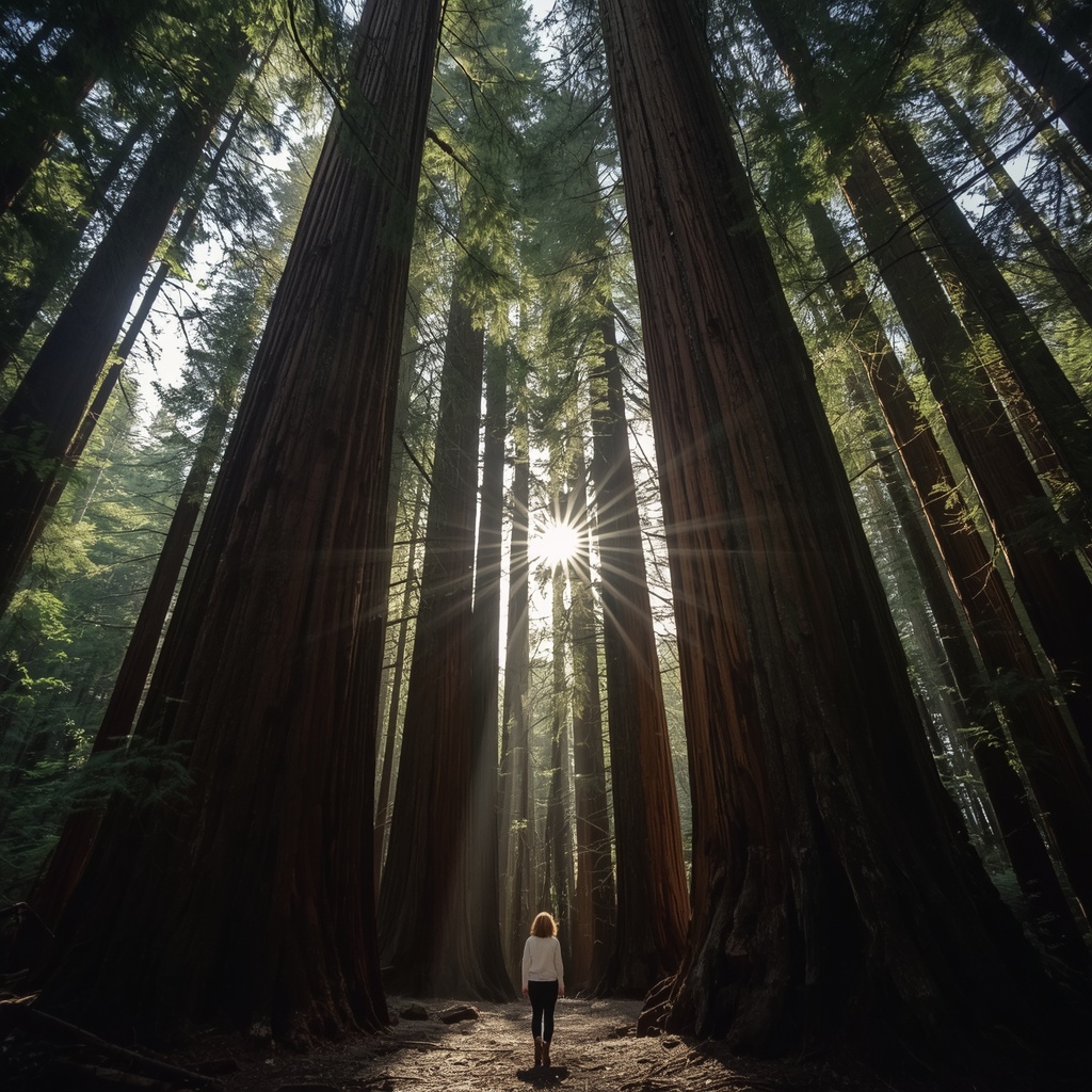 Nano Banana2 prompt: Sunlight filtering through a dense canopy of ancient redwood trees, no woman