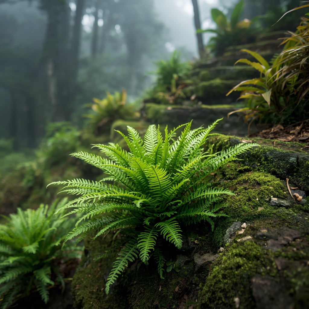 Nano Banana2 prompt: Close up of a rare fern in a misty forest, highly detailed, vibrant green colors, no woman